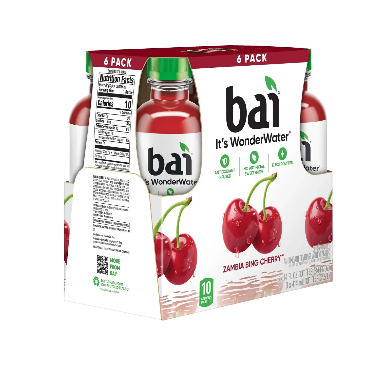 Bai Zambia Bing Cherry Antioxidant Infused Water Beverage, 14 fl oz, 6 Pack Bottles